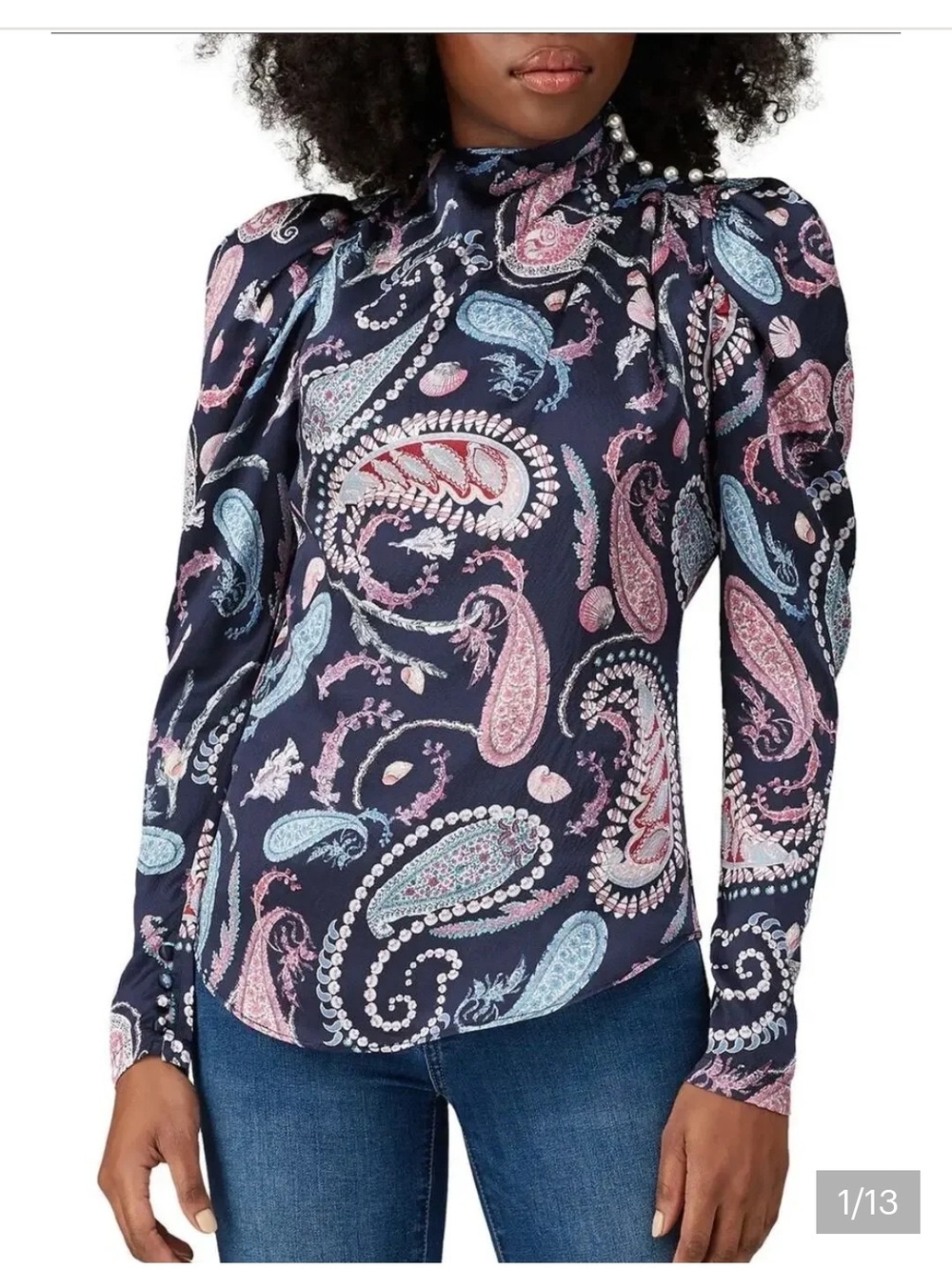 Boho Paisley & Seashell High-Neck Blouse - Faux Pearl & Button Details - Perfect